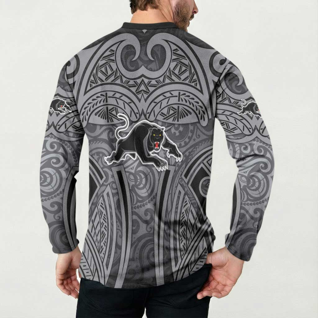 Penrith Panthers Rugby Button Sweatshirt Polynesian Tribal Panther Warrior Black Grey Pattern