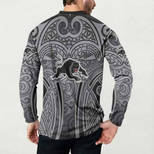 Penrith Panthers Rugby Button Sweatshirt Polynesian Tribal Panther Warrior Black Grey Pattern