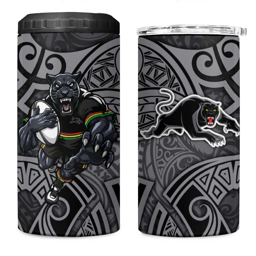Penrith Panthers Rugby 4 in 1 Can Cooler Tumbler Polynesian Tribal Panther Warrior Black Grey Pattern