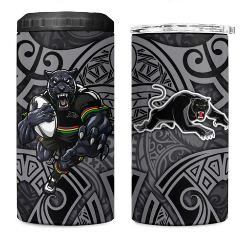 Penrith Panthers Rugby 4 in 1 Can Cooler Tumbler Polynesian Tribal Panther Warrior Black Grey Pattern