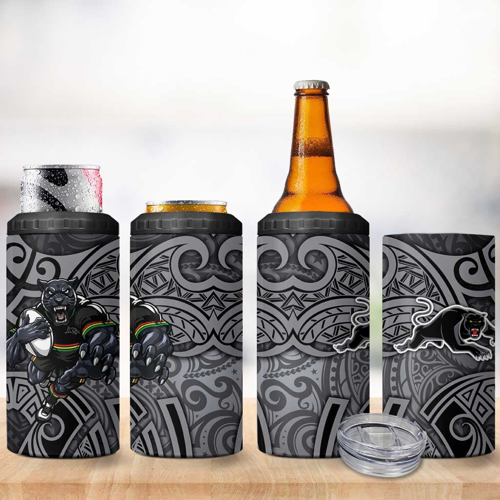 Penrith Panthers Rugby 4 in 1 Can Cooler Tumbler Polynesian Tribal Panther Warrior Black Grey Pattern