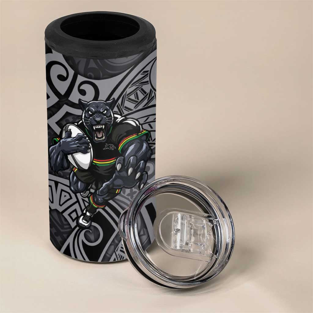 Penrith Panthers Rugby 4 in 1 Can Cooler Tumbler Polynesian Tribal Panther Warrior Black Grey Pattern