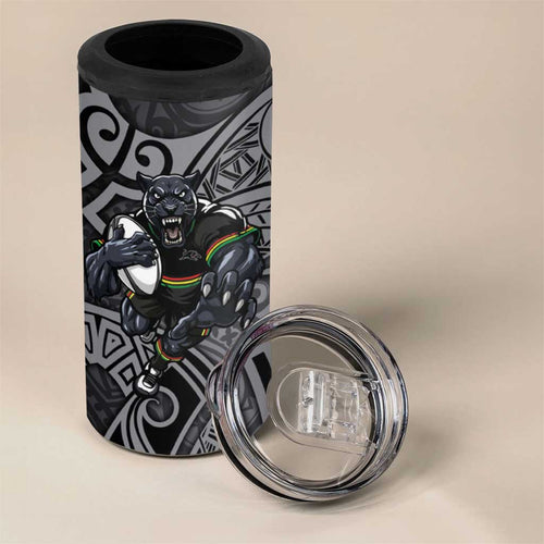 Penrith Panthers Rugby 4 in 1 Can Cooler Tumbler Polynesian Tribal Panther Warrior Black Grey Pattern