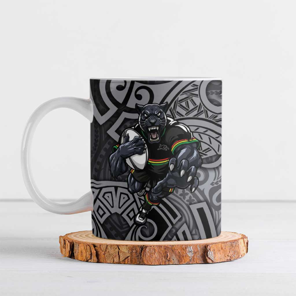 Penrith Panthers Rugby Ceramic Mug Polynesian Tribal Panther Warrior Black Grey Pattern