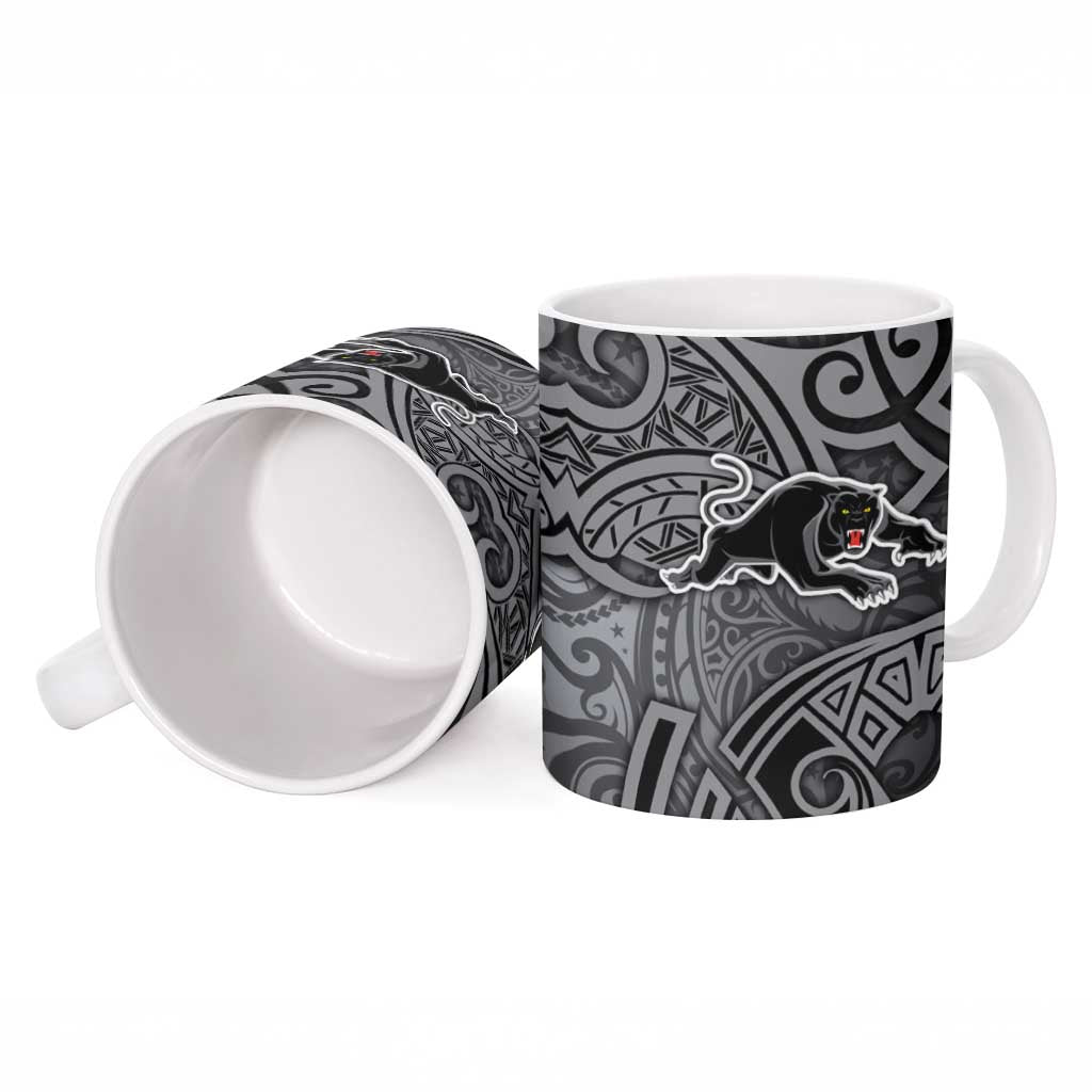Penrith Panthers Rugby Ceramic Mug Polynesian Tribal Panther Warrior Black Grey Pattern