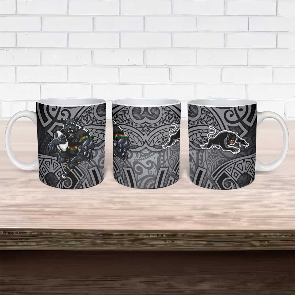Penrith Panthers Rugby Ceramic Mug Polynesian Tribal Panther Warrior Black Grey Pattern