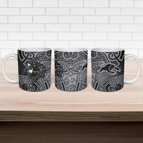 Penrith Panthers Rugby Ceramic Mug Polynesian Tribal Panther Warrior Black Grey Pattern