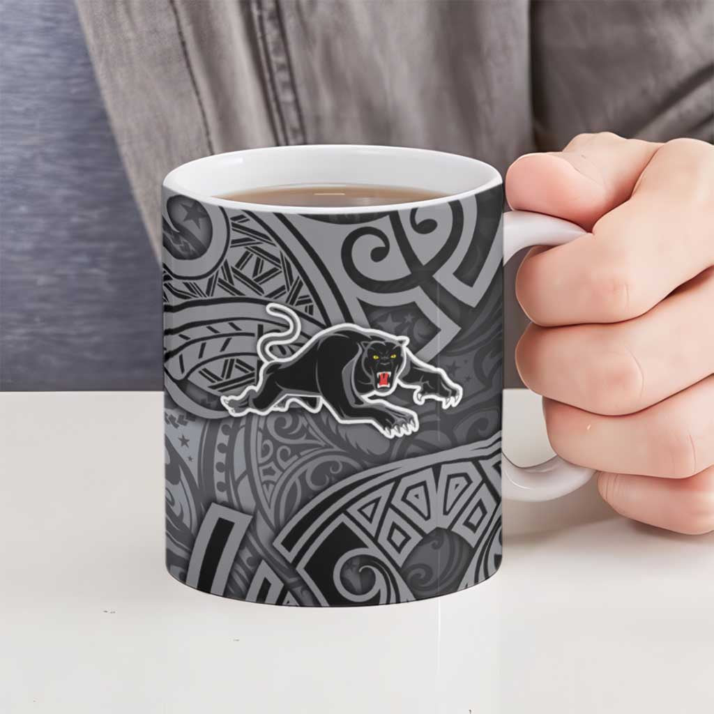 Penrith Panthers Rugby Ceramic Mug Polynesian Tribal Panther Warrior Black Grey Pattern