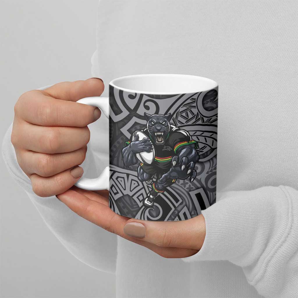 Penrith Panthers Rugby Ceramic Mug Polynesian Tribal Panther Warrior Black Grey Pattern