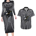 Penrith Panthers Rugby Couples Matching Long Sleeve Bodycon Dress and Hawaiian Shirt Polynesian Tribal Panther Warrior Black Grey Pattern