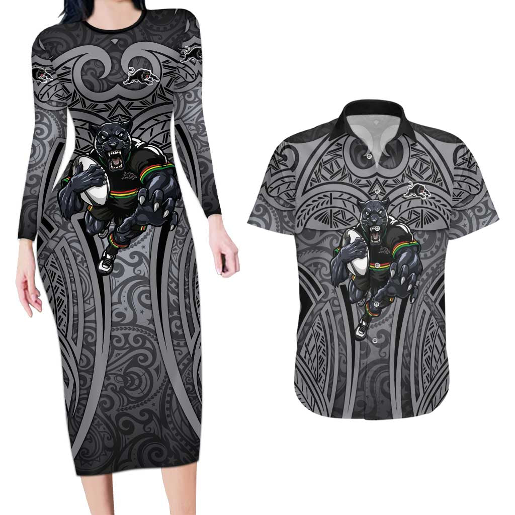 Penrith Panthers Rugby Couples Matching Long Sleeve Bodycon Dress and Hawaiian Shirt Polynesian Tribal Panther Warrior Black Grey Pattern