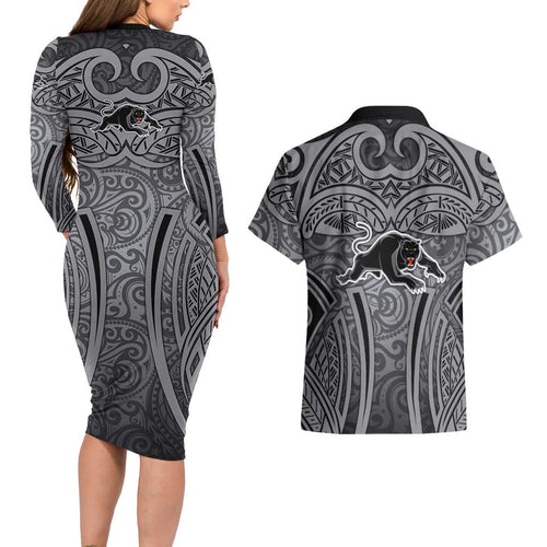 Penrith Panthers Rugby Couples Matching Long Sleeve Bodycon Dress and Hawaiian Shirt Polynesian Tribal Panther Warrior Black Grey Pattern
