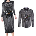Penrith Panthers Rugby Couples Matching Long Sleeve Bodycon Dress and Long Sleeve Button Shirt Polynesian Tribal Panther Warrior Black Grey Pattern