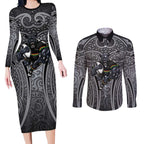 Penrith Panthers Rugby Couples Matching Long Sleeve Bodycon Dress and Long Sleeve Button Shirt Polynesian Tribal Panther Warrior Black Grey Pattern