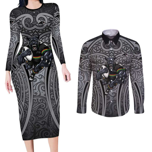 Penrith Panthers Rugby Couples Matching Long Sleeve Bodycon Dress and Long Sleeve Button Shirt Polynesian Tribal Panther Warrior Black Grey Pattern