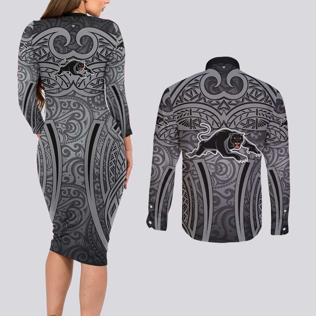 Penrith Panthers Rugby Couples Matching Long Sleeve Bodycon Dress and Long Sleeve Button Shirt Polynesian Tribal Panther Warrior Black Grey Pattern