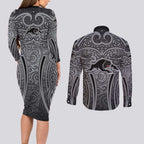 Penrith Panthers Rugby Couples Matching Long Sleeve Bodycon Dress and Long Sleeve Button Shirt Polynesian Tribal Panther Warrior Black Grey Pattern