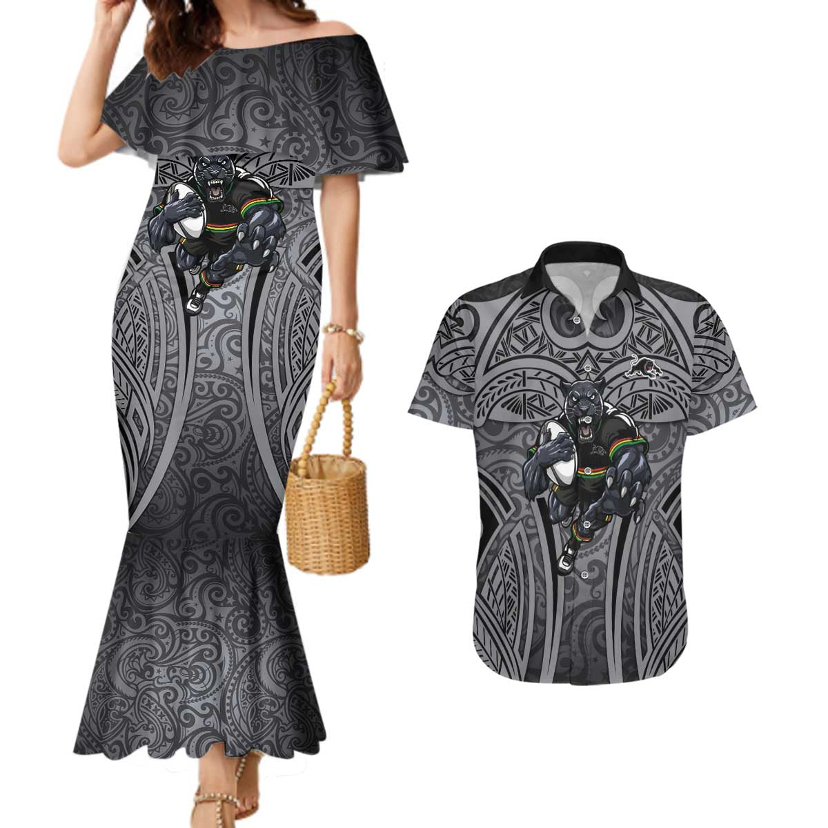 Penrith Panthers Rugby Couples Matching Mermaid Dress and Hawaiian Shirt Polynesian Tribal Panther Warrior Black Grey Pattern