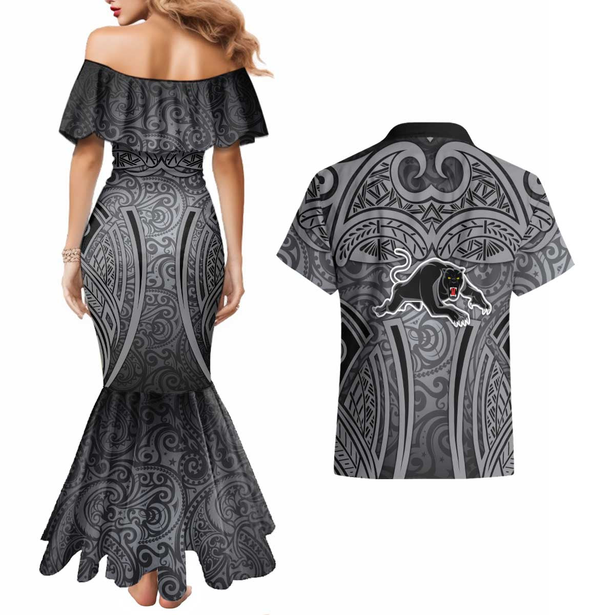 Penrith Panthers Rugby Couples Matching Mermaid Dress and Hawaiian Shirt Polynesian Tribal Panther Warrior Black Grey Pattern