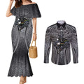 Penrith Panthers Rugby Couples Matching Mermaid Dress and Long Sleeve Button Shirt Polynesian Tribal Panther Warrior Black Grey Pattern