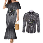 Penrith Panthers Rugby Couples Matching Mermaid Dress and Long Sleeve Button Shirt Polynesian Tribal Panther Warrior Black Grey Pattern