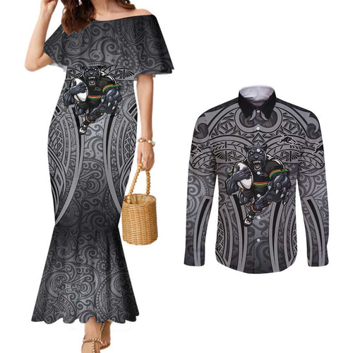 Penrith Panthers Rugby Couples Matching Mermaid Dress and Long Sleeve Button Shirt Polynesian Tribal Panther Warrior Black Grey Pattern