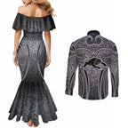 Penrith Panthers Rugby Couples Matching Mermaid Dress and Long Sleeve Button Shirt Polynesian Tribal Panther Warrior Black Grey Pattern