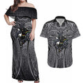 Penrith Panthers Rugby Couples Matching Off Shoulder Maxi Dress and Hawaiian Shirt Polynesian Tribal Panther Warrior Black Grey Pattern
