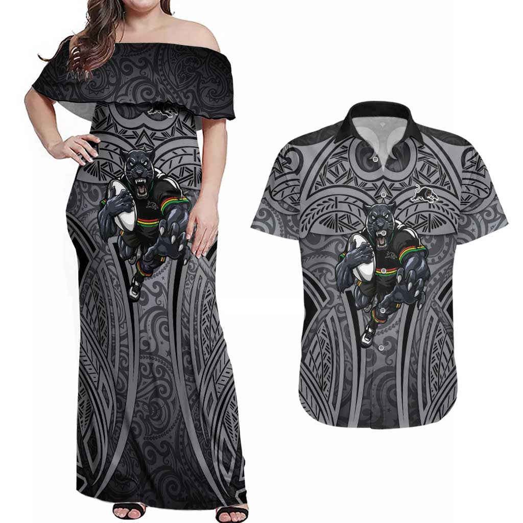 Penrith Panthers Rugby Couples Matching Off Shoulder Maxi Dress and Hawaiian Shirt Polynesian Tribal Panther Warrior Black Grey Pattern