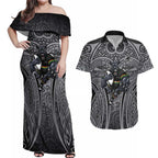 Penrith Panthers Rugby Couples Matching Off Shoulder Maxi Dress and Hawaiian Shirt Polynesian Tribal Panther Warrior Black Grey Pattern
