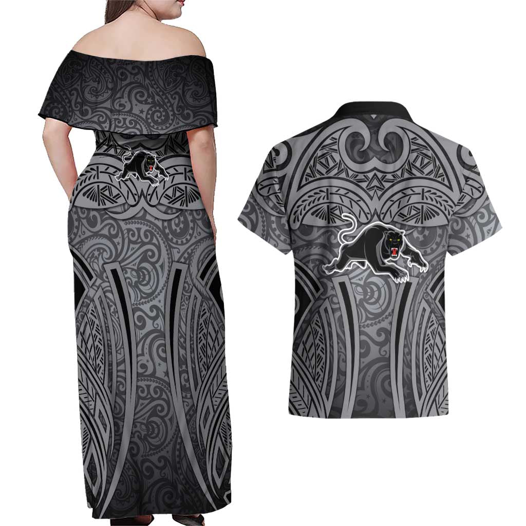 Penrith Panthers Rugby Couples Matching Off Shoulder Maxi Dress and Hawaiian Shirt Polynesian Tribal Panther Warrior Black Grey Pattern