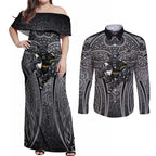 Penrith Panthers Rugby Couples Matching Off Shoulder Maxi Dress and Long Sleeve Button Shirt Polynesian Tribal Panther Warrior Black Grey Pattern