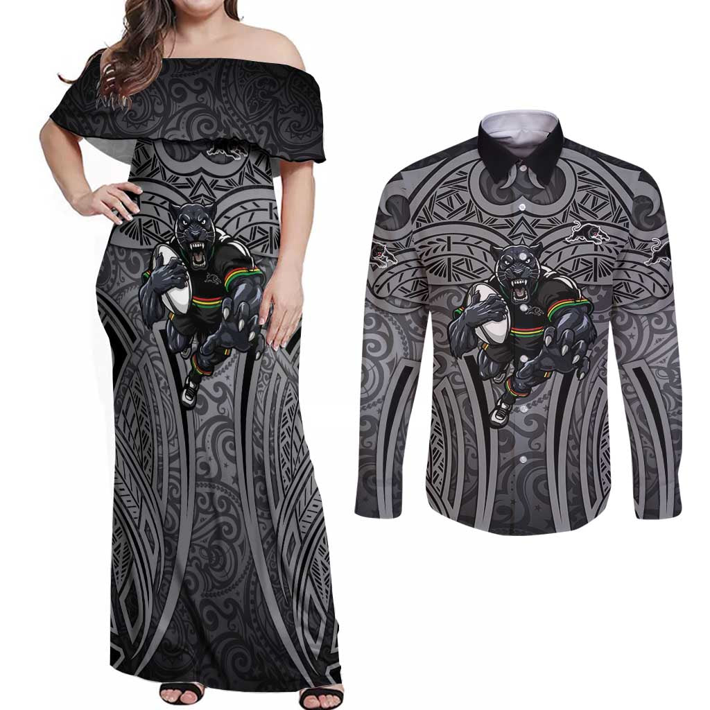 Penrith Panthers Rugby Couples Matching Off Shoulder Maxi Dress and Long Sleeve Button Shirt Polynesian Tribal Panther Warrior Black Grey Pattern