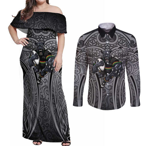 Penrith Panthers Rugby Couples Matching Off Shoulder Maxi Dress and Long Sleeve Button Shirt Polynesian Tribal Panther Warrior Black Grey Pattern