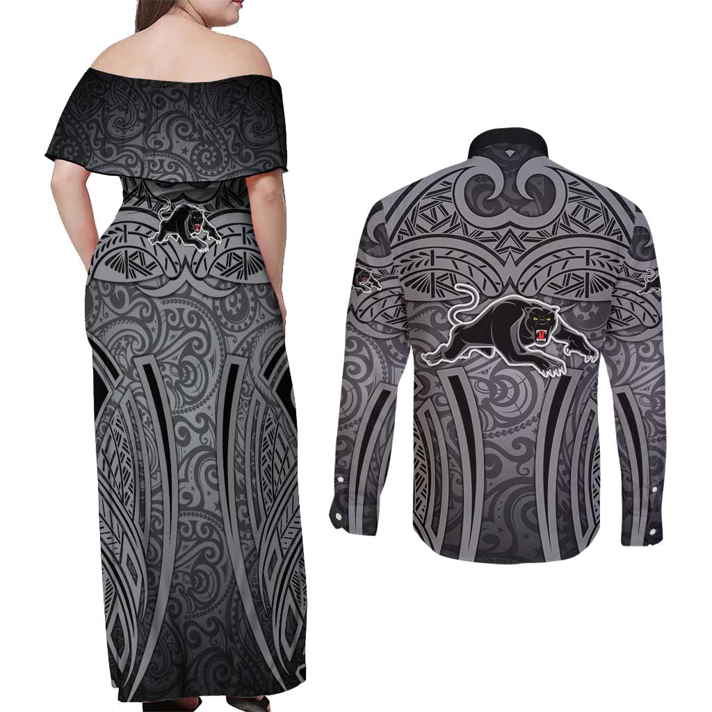Penrith Panthers Rugby Couples Matching Off Shoulder Maxi Dress and Long Sleeve Button Shirt Polynesian Tribal Panther Warrior Black Grey Pattern