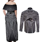 Penrith Panthers Rugby Couples Matching Off Shoulder Maxi Dress and Long Sleeve Button Shirt Polynesian Tribal Panther Warrior Black Grey Pattern