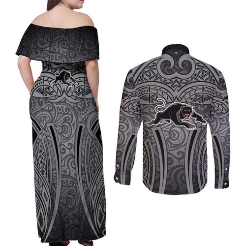 Penrith Panthers Rugby Couples Matching Off Shoulder Maxi Dress and Long Sleeve Button Shirt Polynesian Tribal Panther Warrior Black Grey Pattern