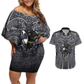 Penrith Panthers Rugby Couples Matching Off Shoulder Short Dress and Hawaiian Shirt Polynesian Tribal Panther Warrior Black Grey Pattern