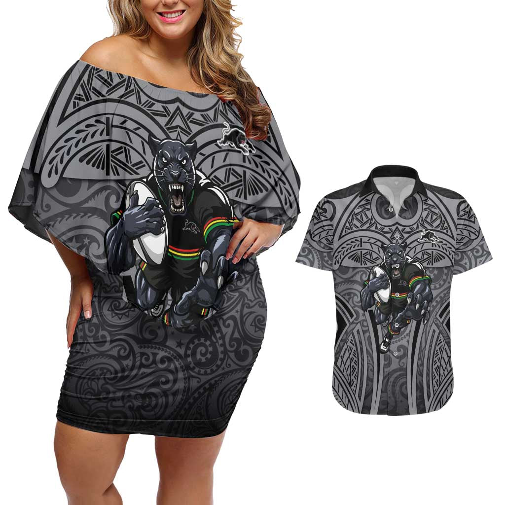 Penrith Panthers Rugby Couples Matching Off Shoulder Short Dress and Hawaiian Shirt Polynesian Tribal Panther Warrior Black Grey Pattern