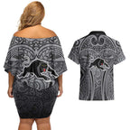 Penrith Panthers Rugby Couples Matching Off Shoulder Short Dress and Hawaiian Shirt Polynesian Tribal Panther Warrior Black Grey Pattern