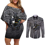 Penrith Panthers Rugby Couples Matching Off Shoulder Short Dress and Long Sleeve Button Shirt Polynesian Tribal Panther Warrior Black Grey Pattern