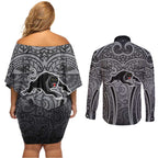 Penrith Panthers Rugby Couples Matching Off Shoulder Short Dress and Long Sleeve Button Shirt Polynesian Tribal Panther Warrior Black Grey Pattern
