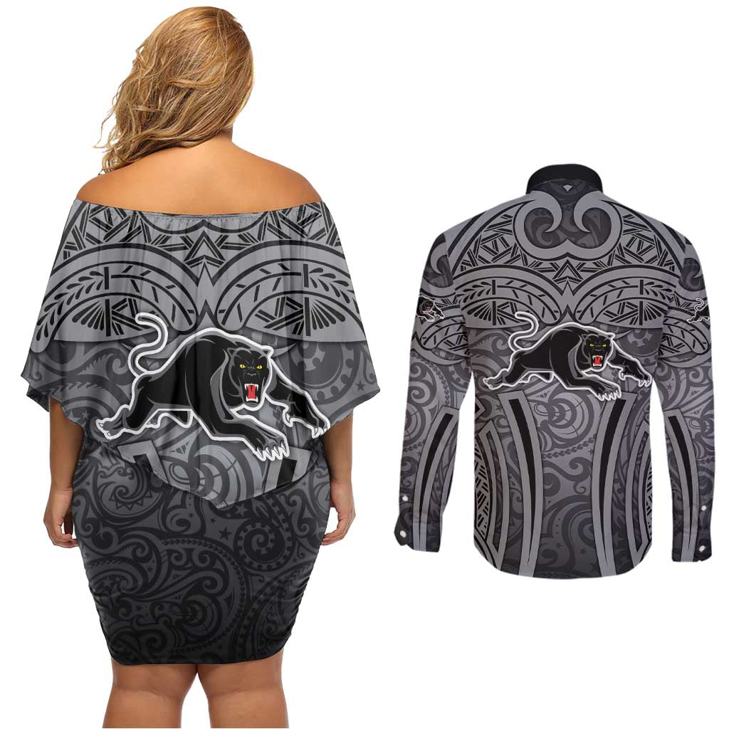 Penrith Panthers Rugby Couples Matching Off Shoulder Short Dress and Long Sleeve Button Shirt Polynesian Tribal Panther Warrior Black Grey Pattern