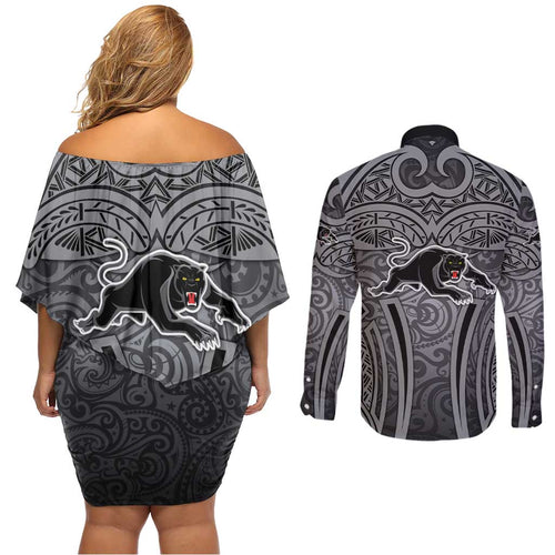 Penrith Panthers Rugby Couples Matching Off Shoulder Short Dress and Long Sleeve Button Shirt Polynesian Tribal Panther Warrior Black Grey Pattern