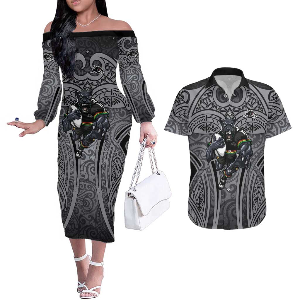 Penrith Panthers Rugby Couples Matching Off The Shoulder Long Sleeve Dress and Hawaiian Shirt Polynesian Tribal Panther Warrior Black Grey Pattern