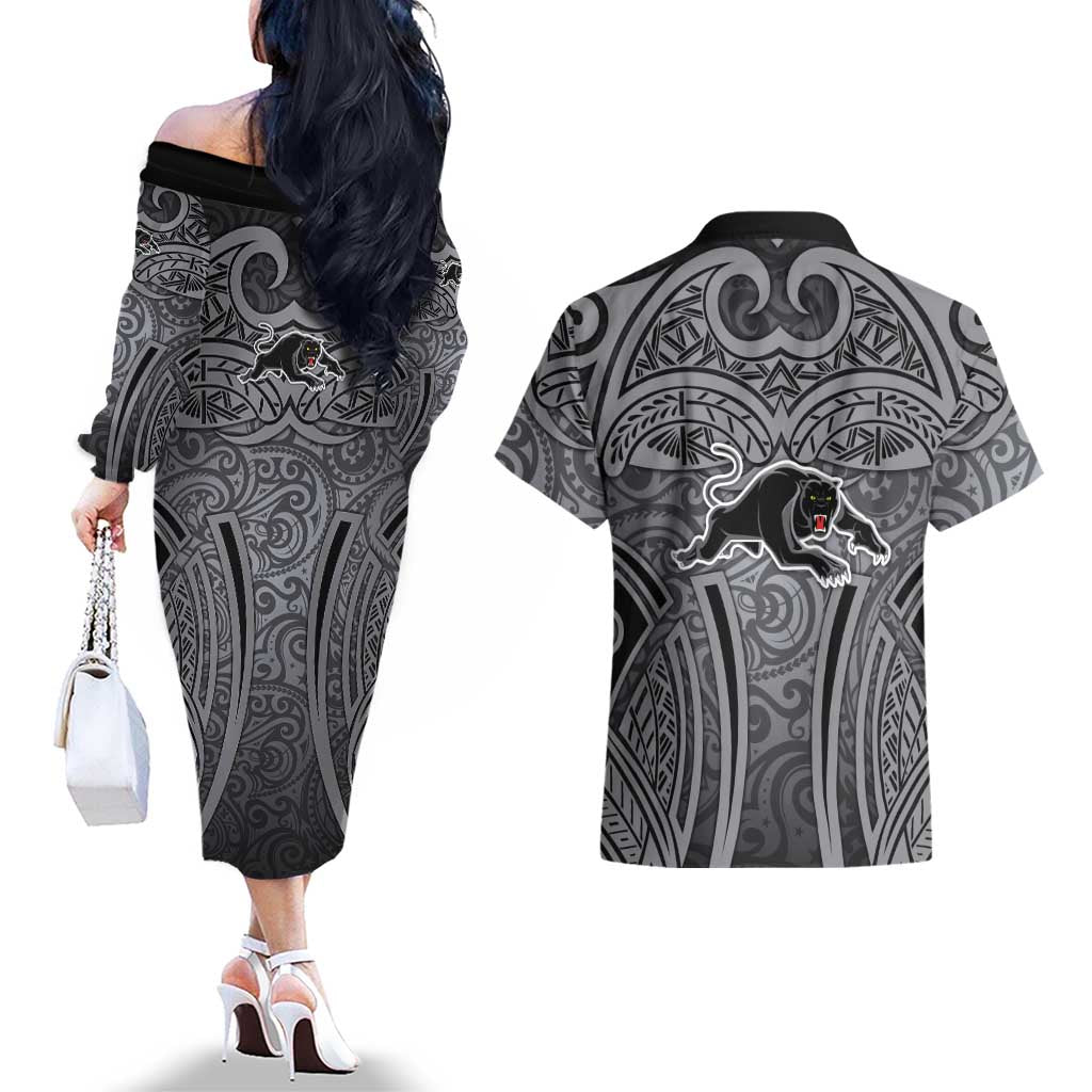 Penrith Panthers Rugby Couples Matching Off The Shoulder Long Sleeve Dress and Hawaiian Shirt Polynesian Tribal Panther Warrior Black Grey Pattern