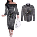 Penrith Panthers Rugby Couples Matching Off The Shoulder Long Sleeve Dress and Long Sleeve Button Shirt Polynesian Tribal Panther Warrior Black Grey Pattern