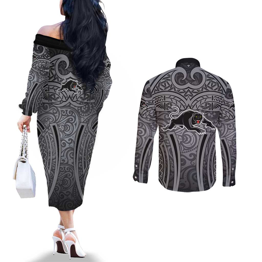 Penrith Panthers Rugby Couples Matching Off The Shoulder Long Sleeve Dress and Long Sleeve Button Shirt Polynesian Tribal Panther Warrior Black Grey Pattern