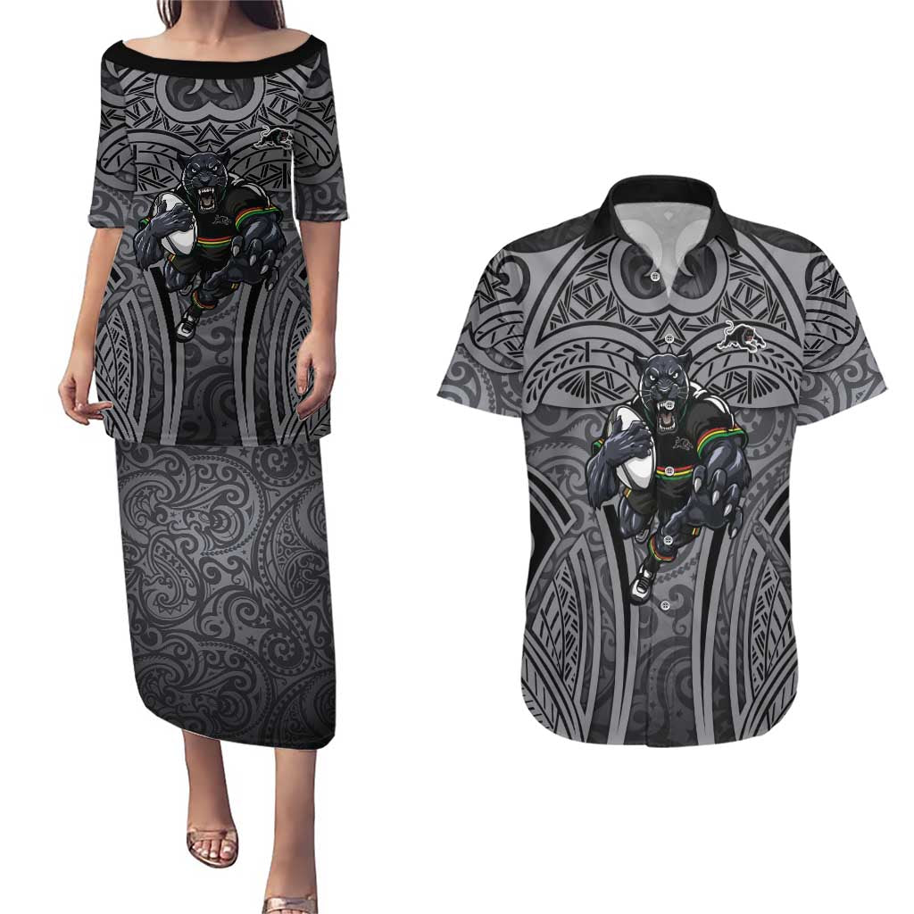 Penrith Panthers Rugby Couples Matching Puletasi and Hawaiian Shirt Polynesian Tribal Panther Warrior Black Grey Pattern