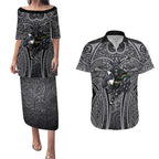 Penrith Panthers Rugby Couples Matching Puletasi and Hawaiian Shirt Polynesian Tribal Panther Warrior Black Grey Pattern
